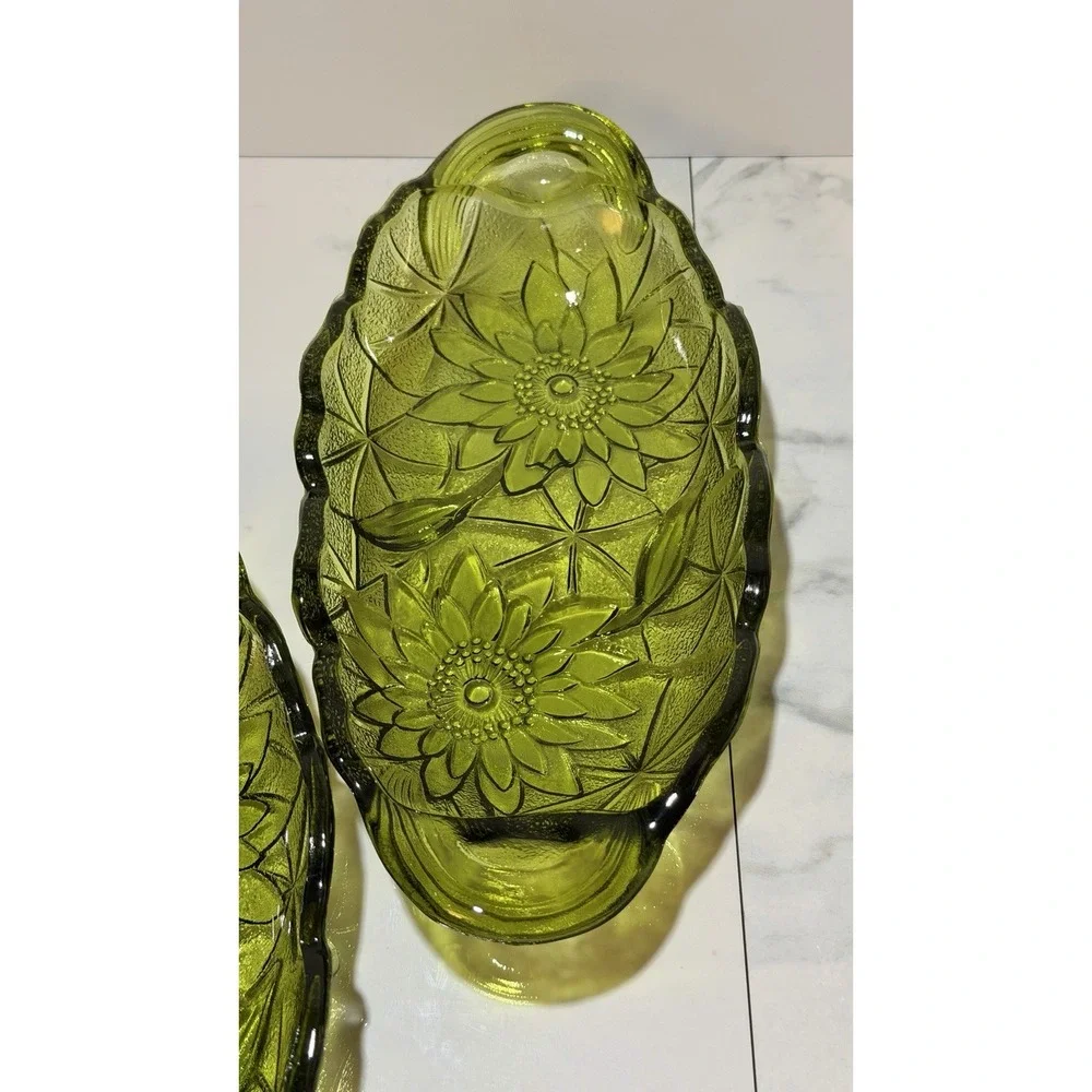 2 Avocado Green Serving  Glass Dish Sunflower Pattern Celery